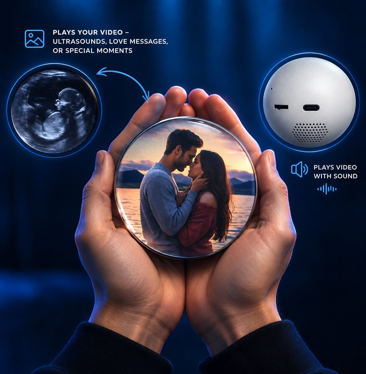 Lumorb Memory Orb in hand with USB-C port and memory card slot on the back