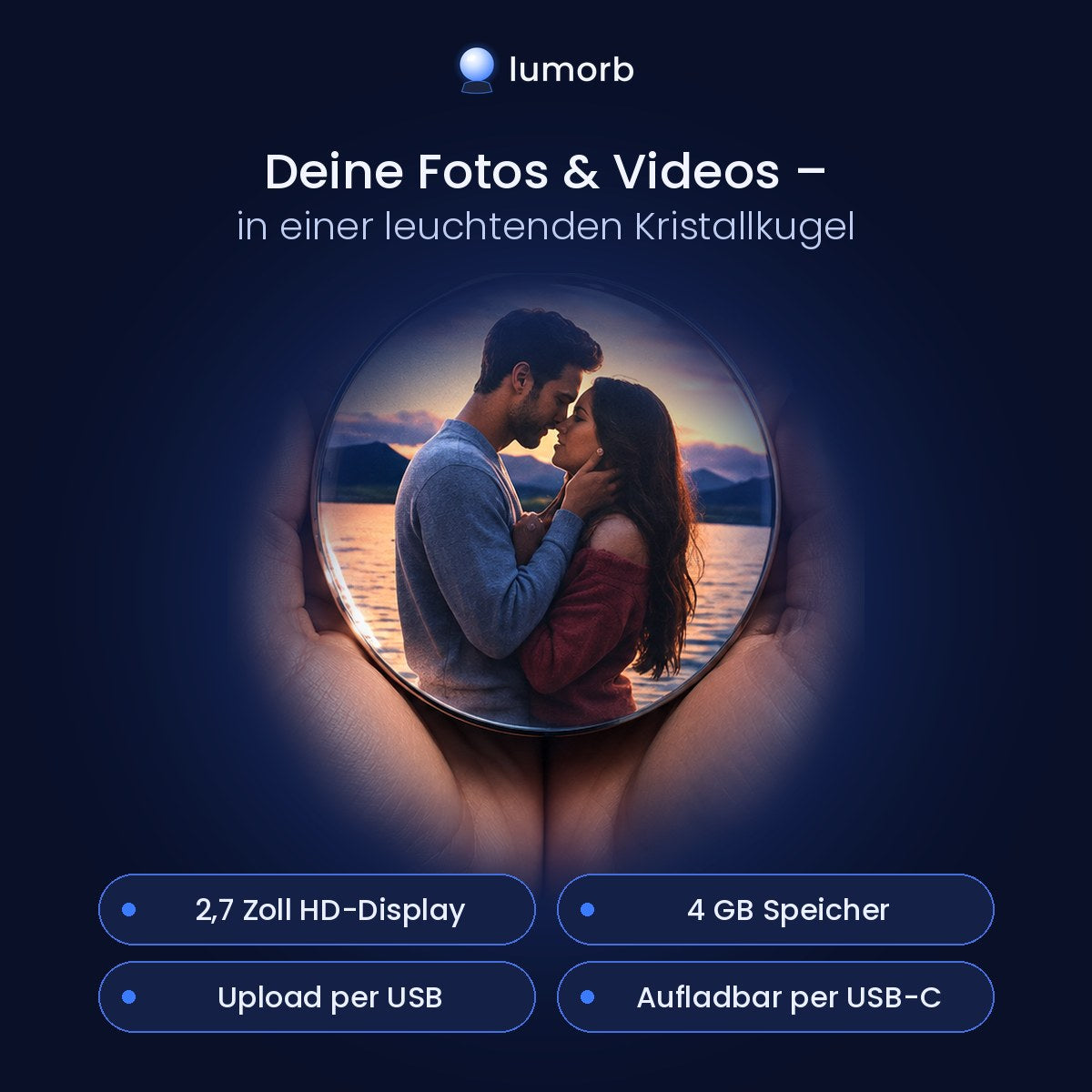 Lumorb Memory Orb held in two hands, showing a personal photo – 2.7 inch HD display, 4 GB storage, USB upload, USB-C rechargeable