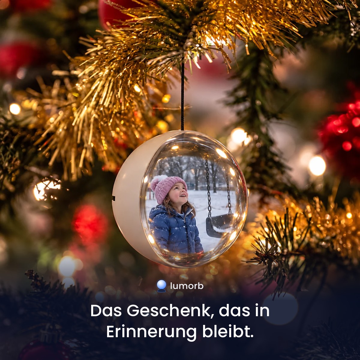 White Lumorb Memory Orb hanging on a Christmas tree with a child's photo inside – the gift that is remembered
