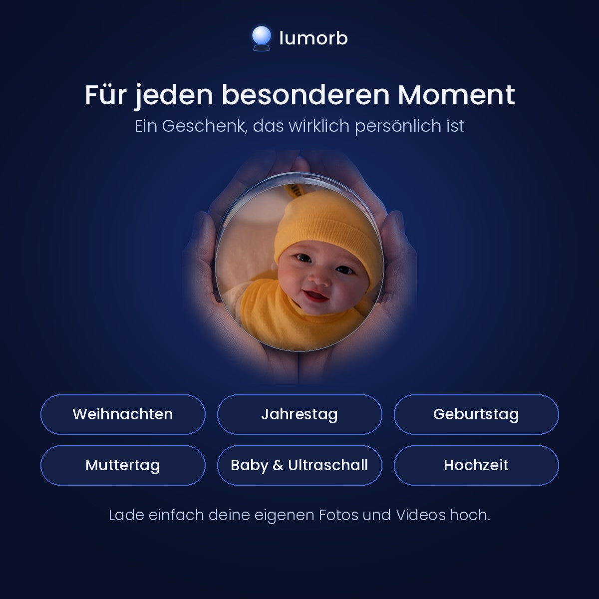 Lumorb Memory Orb showing a baby photo – a personal gift for Christmas, birthdays, anniversaries, Mother's Day and weddings